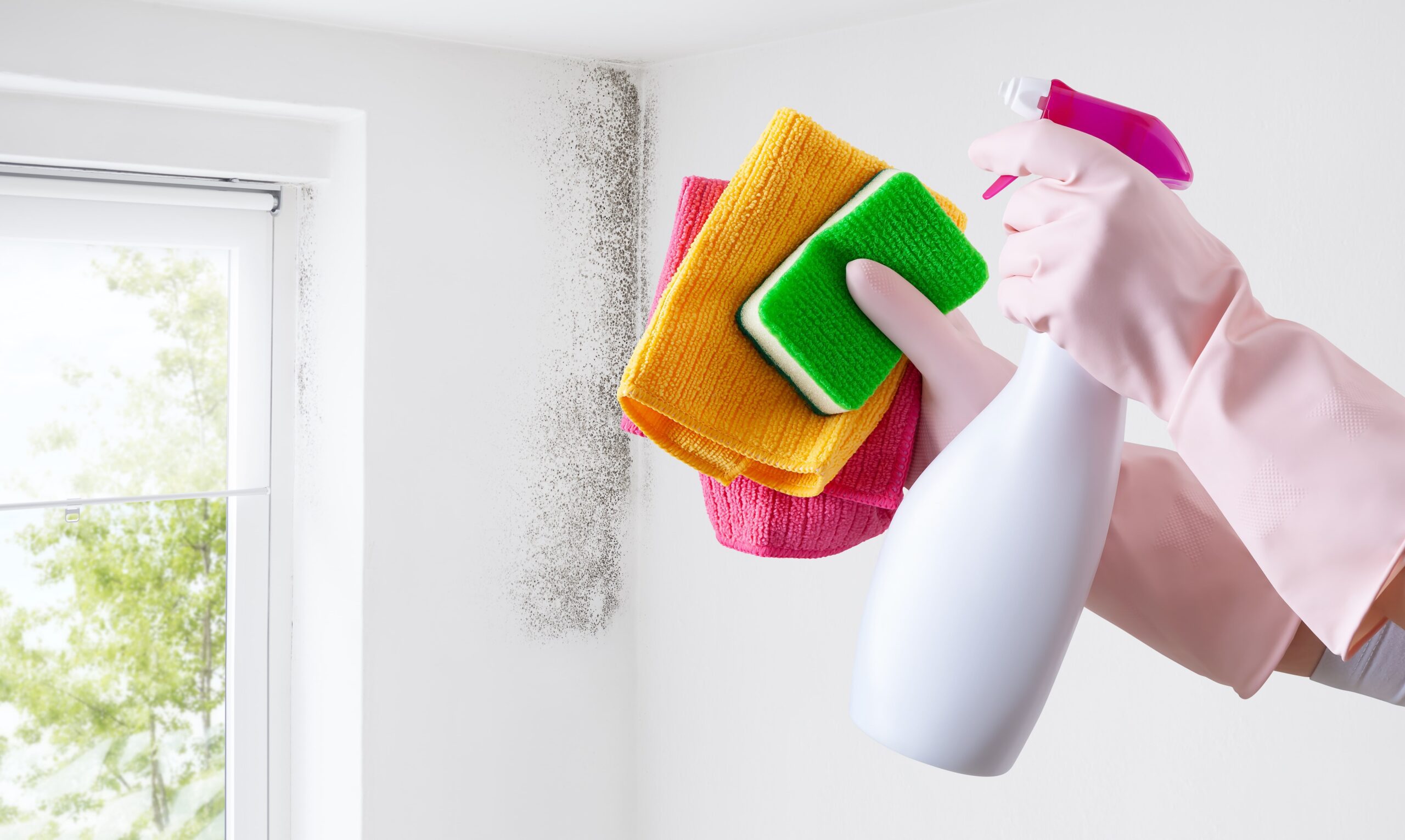 mold recovery tips represented by hands with gloves up holding bleach solution in front of moldy bedroom wall