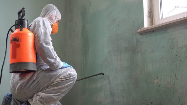 Mold Remediation Specialist Spraying Wall